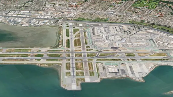 An aerial view shows San Francisco International Airport.