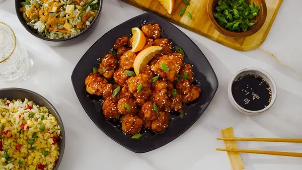 Kroger's private label orange chicken meal option plated