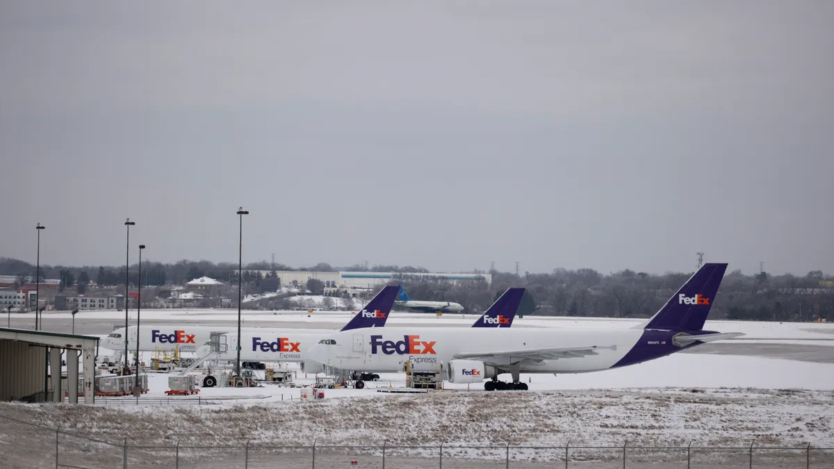 FedEx airplanes are parked at Nashville International Airport on February 16, 2021 in Nashville, Tennessee.