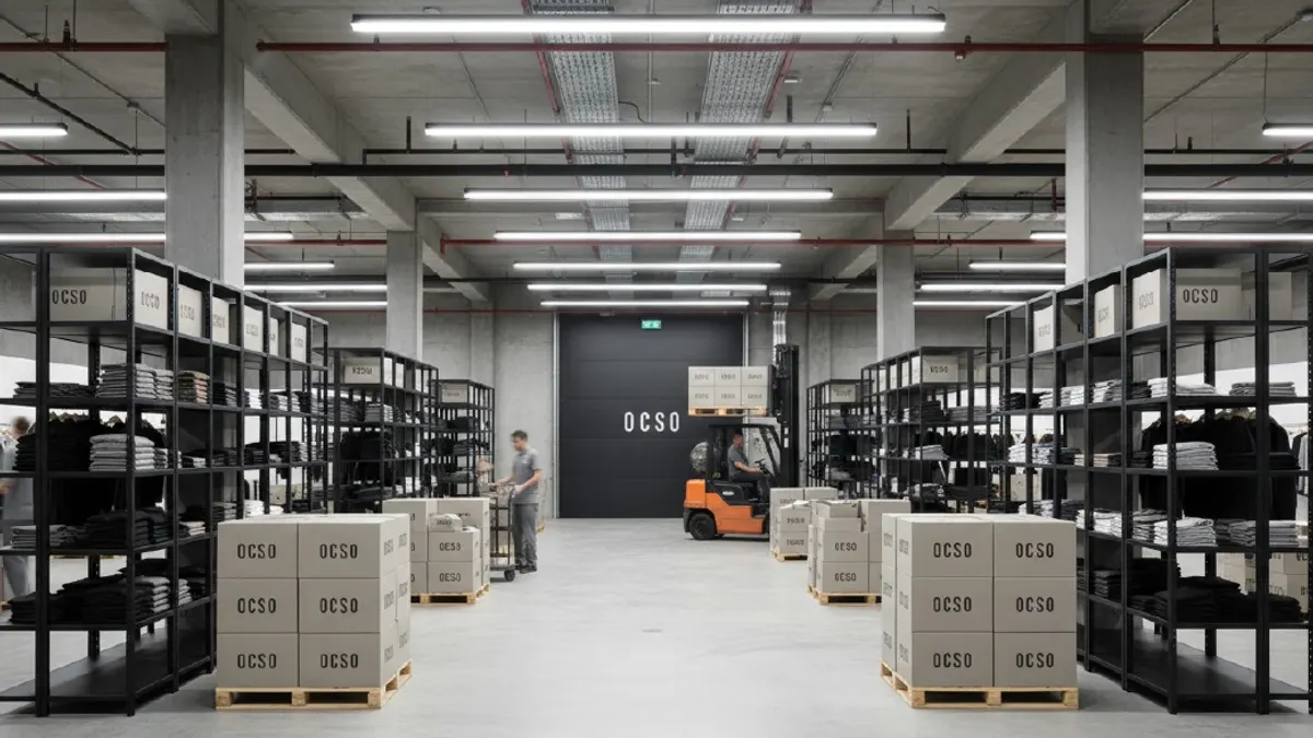 A wide shot of a modern, organized warehouse with tall metal shelving units filled with neatly folded gray clothing items and stacked cardboard boxes, many labeled "OCSO."