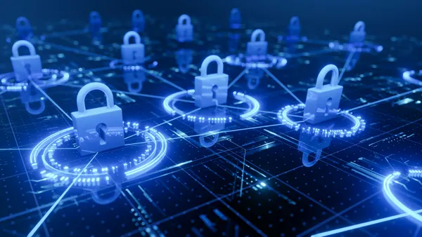 Multiple padlocks encircled by white, on a blue surface.