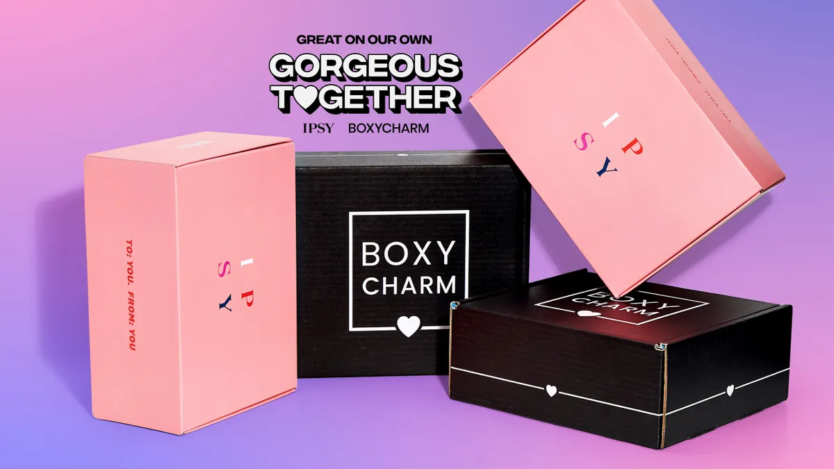 Four boxes are grouped together, two with the Ipsy logo and two with the BoxyCharm logo.