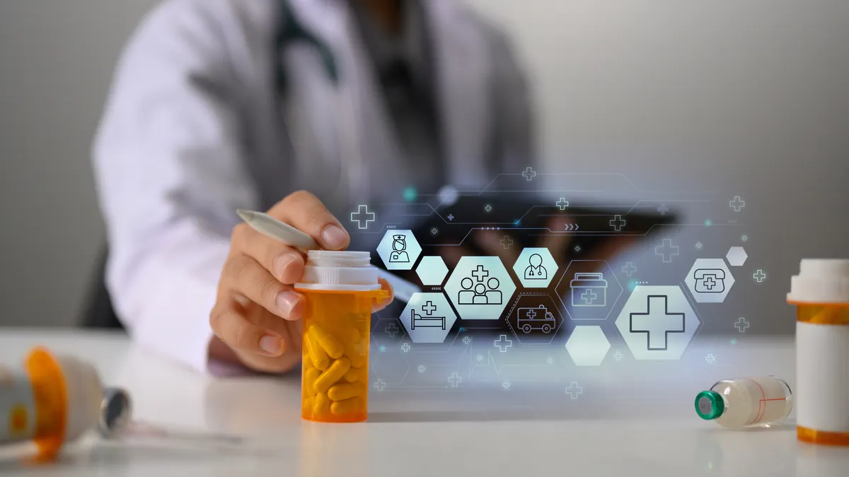 Doctor holding pills bottle in hand with medical icons. Pharmaceutical and health care concept.