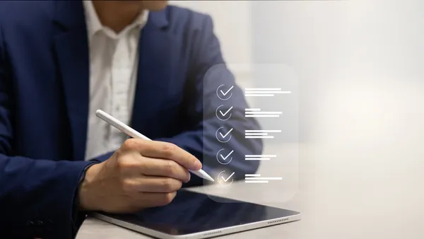 manager manager hand check mark on virtual online questionnaire survey from website to rate score and share aspect of audience after complete from seminar for business corporation concept