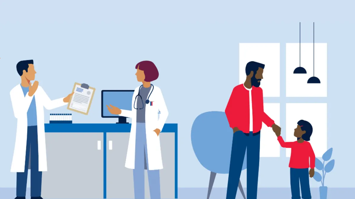 Illustration of 2 medical professionals and a parent and child