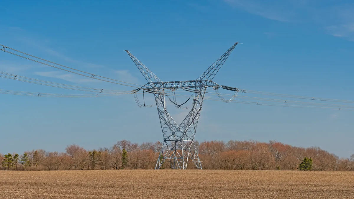 A transmission lIne pylon sits in the middle of a agricultural field with dry stubble with leafless trees in the background.