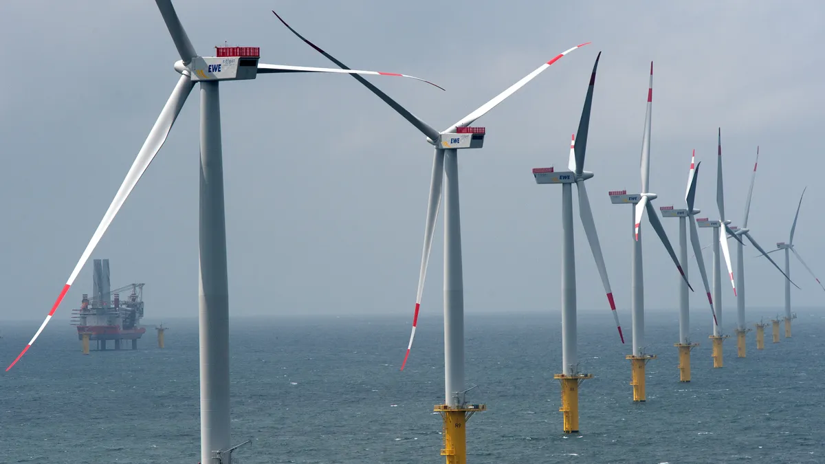 Wind turbines stand at the nearly completed Riffgat offshore wind farm in the North Sea on June 23, 2013 near Borkum, Germany.