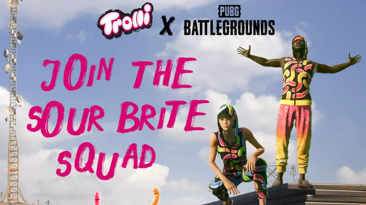 Two characters in multiplayer game PUBG: Battlegrounds wear Trolli-themed outfits as part of a promotion