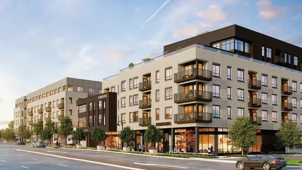 A rendering of a new, tan mid-rise apartment building.