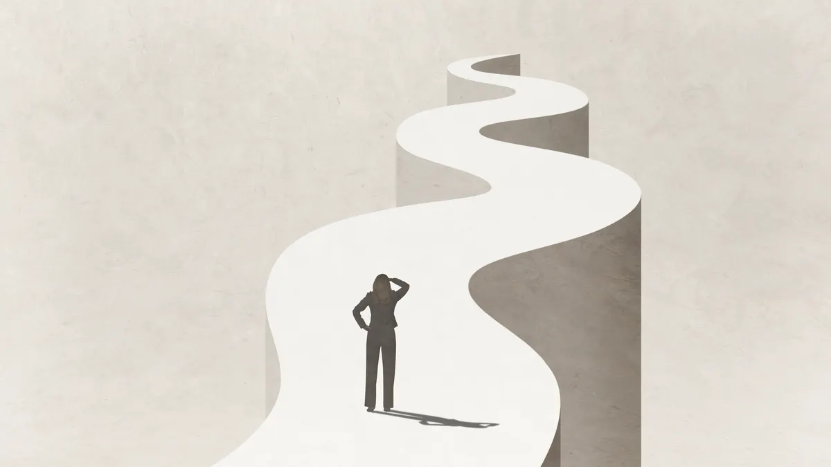 Woman Looking Down Winding Path