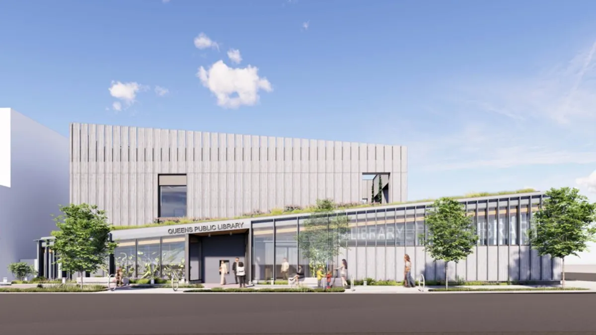 A rendering of a modern building.