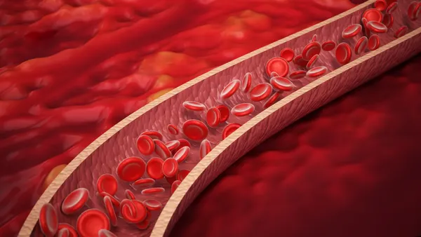 This image shows a digital illustration of red blood cells flowing through a blood vessel. The red blood cells are shown in a close-up view, and the vessel is shown as a red, translucent tube.