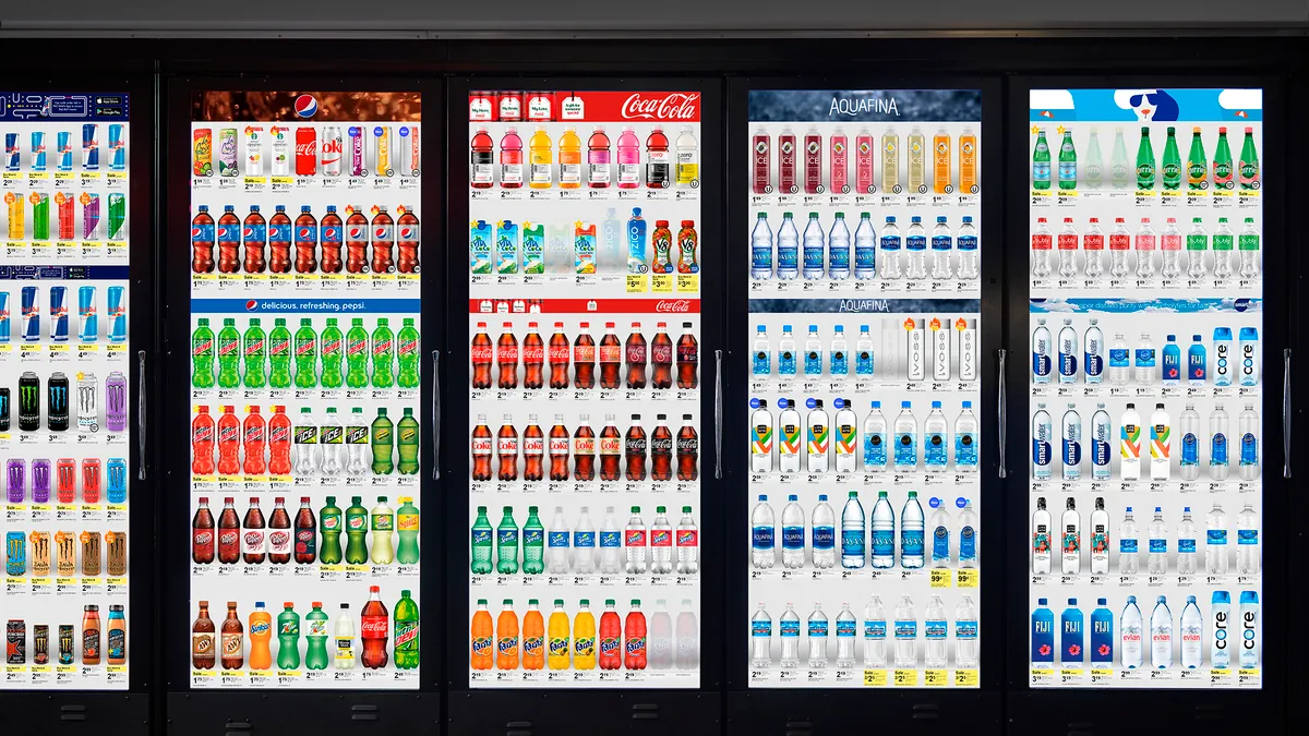 Image of retail refrigerated case with video screen-equipped doors from Cooler Screens