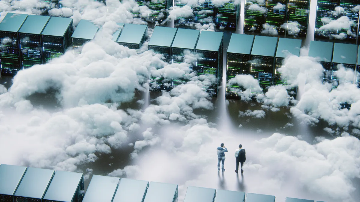 Businessmen in front cloud-filled of maze.