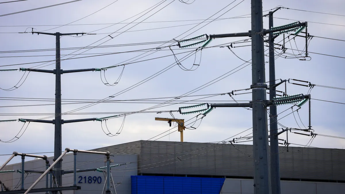 Transmission lines in front of the Aligned Data Centers IAD-01 facility in Ashburn, Virginia.