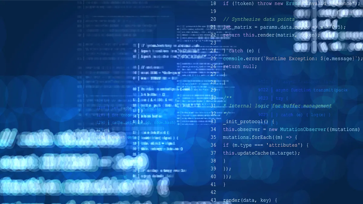 Image shows abstractly layered digital screens, data flow and programming scripts.