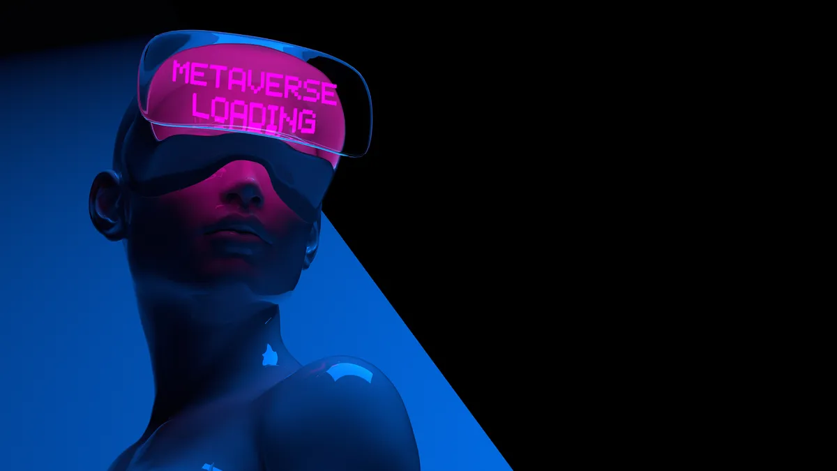 Futuristic illustration of a figure against a blue and black backdrop wearing a headset that says "metaverse loading" on the frames