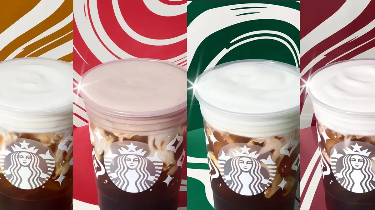 Four Starbucks cold coffees topped with holiday themed cold foams.