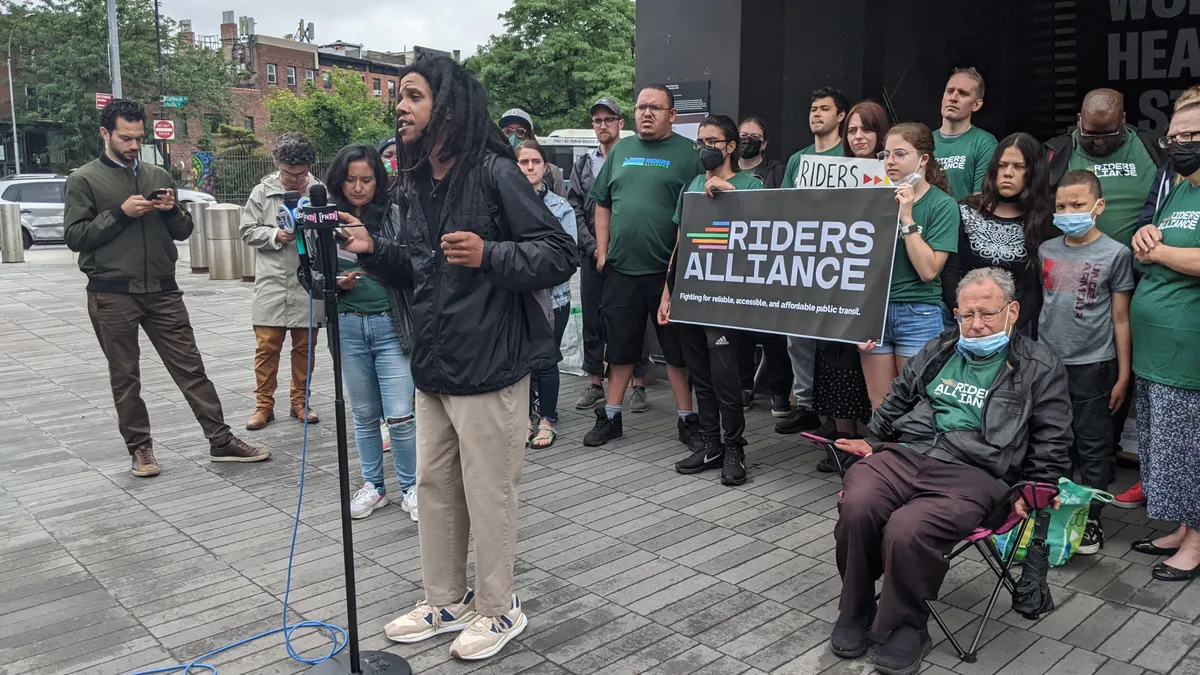 Advocates for transit, the homeless and public safety speak at a rally to announce plan to improve safety on New York's subways.