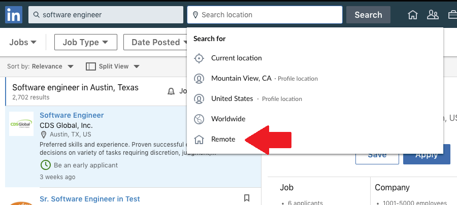 LinkedIn 'remote working' filter