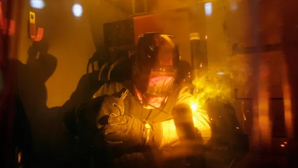 A student uses an arch welder to merge two pipes together.