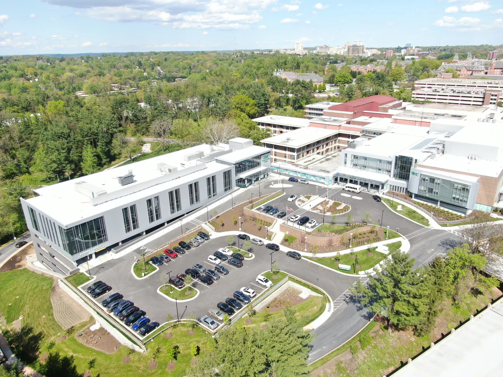 The GBMC campus shows the Berman Pavilion on the left and the Friedman Building on the right.