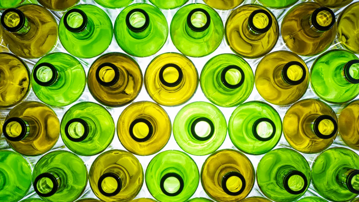 Top view of multiple wine bottles