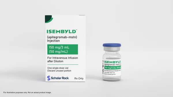 A photo of the packaging for the spinal muscular atrophy drug Isemblyd.