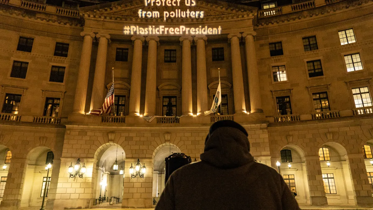 Plastic pollution projection on EPA office in Washington, D.C.