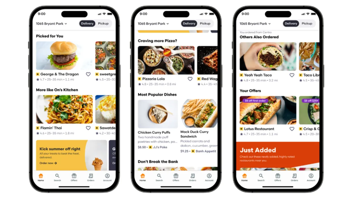 Several images of personalized homescreens in the Grubhub App.