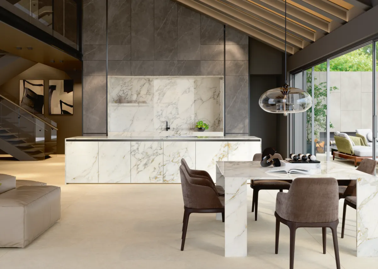 A kitchen with marble surfaces.