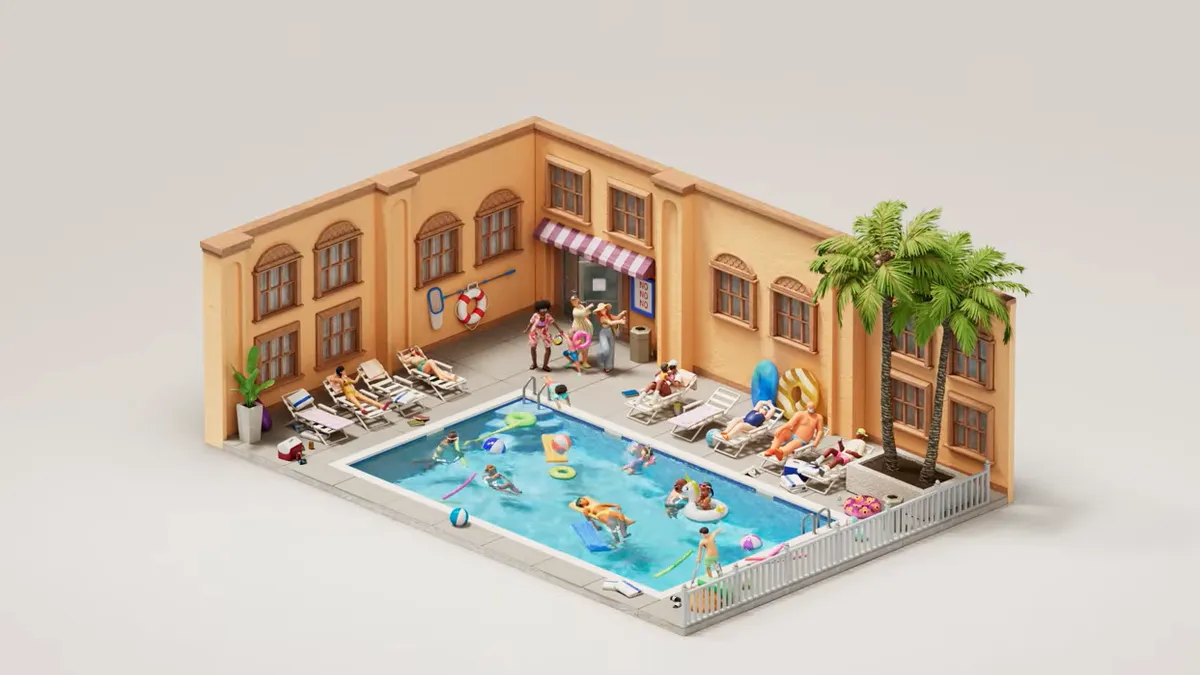 A clip from an animated Airbnb ad showing three people showing up for a hotel pool day to see a slew of kids running around during what is meant to be their vacation.