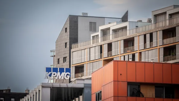 Picture of KPMG logo on a skyscraper in the afternoon in Ljubljana, Slovenia.