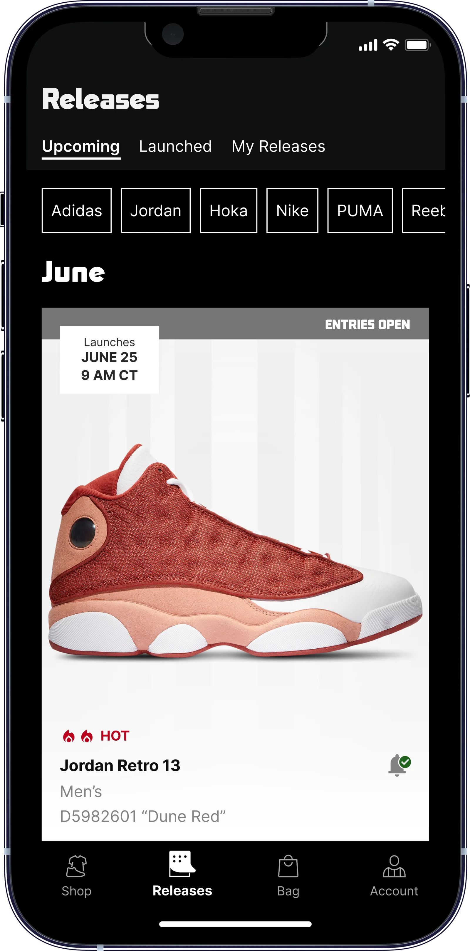 A screenshot of a mobile app with the Jordan Retro 13 that has two flames and the word &quot;hot&quot; next to it.