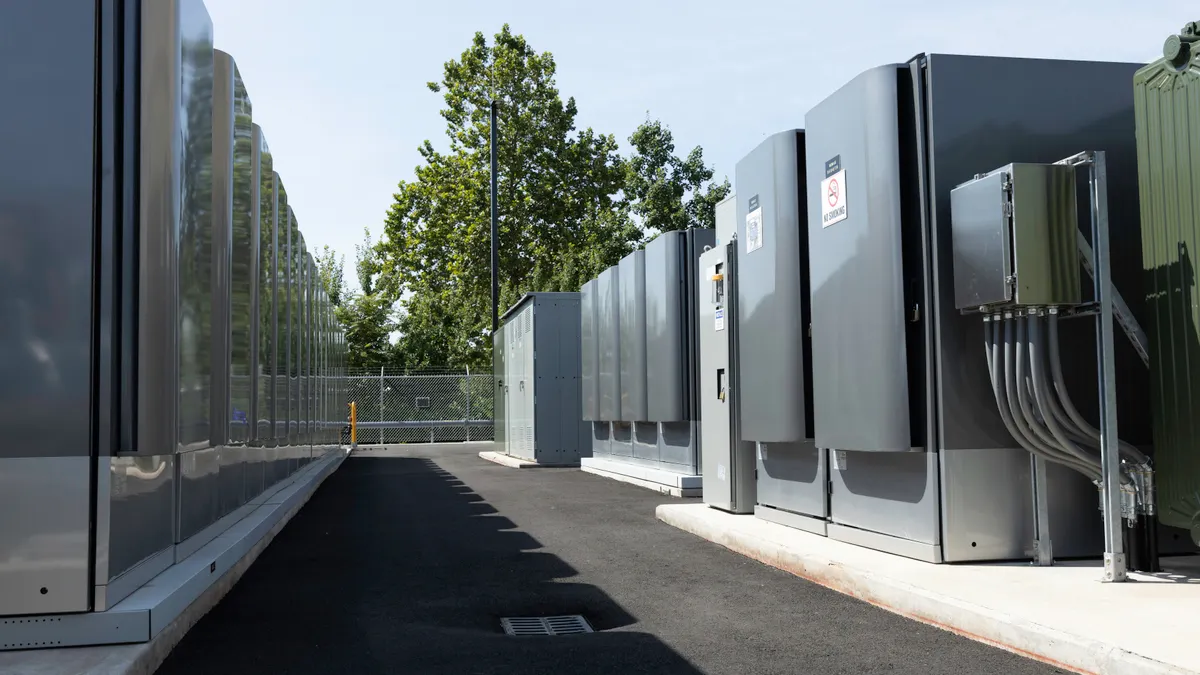 Row of modern fuel cell systems installed in outdoors.