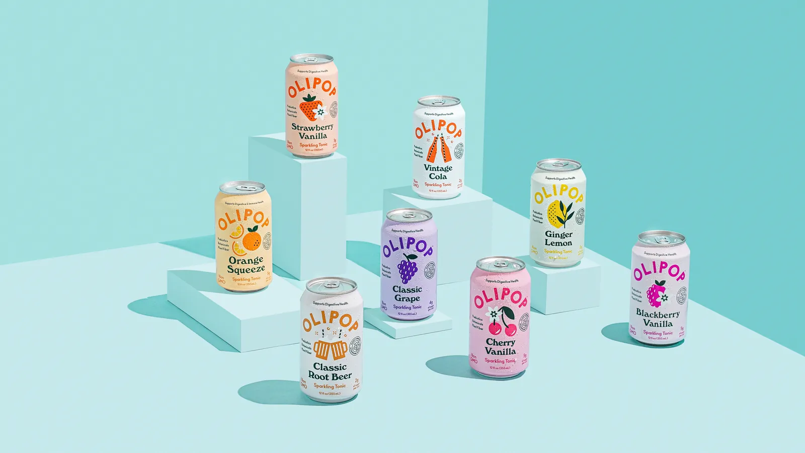 8 cans of Olipop sparkling tonic beverages, in 8 different flavors, against a light blue backdrop.