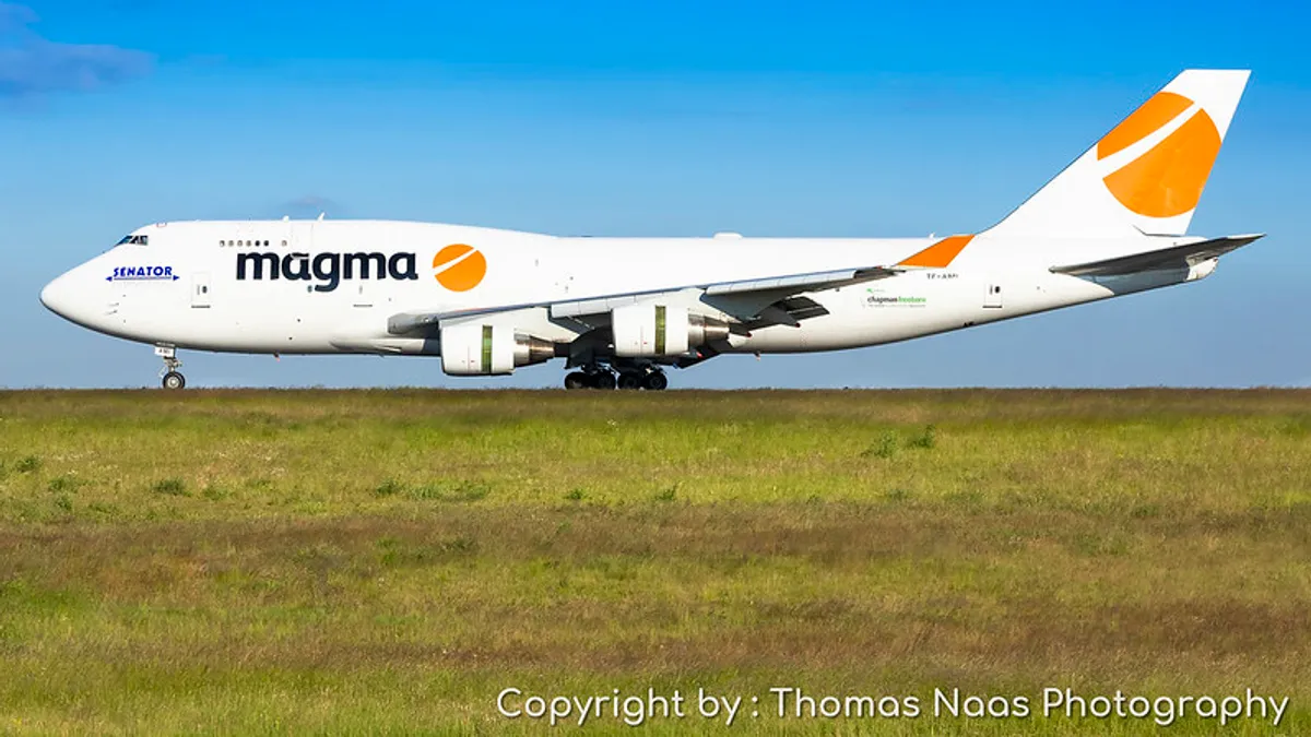 A Magma Aviation Boeing 747-412 airplane with a Senator International & Chapman Freeborn Sticker is parked at Frankfurt - Hahn on June 25, 2020.