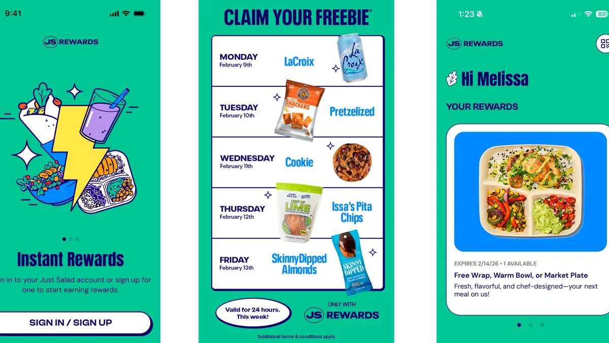 Mockups of Just Salad's Rewards program