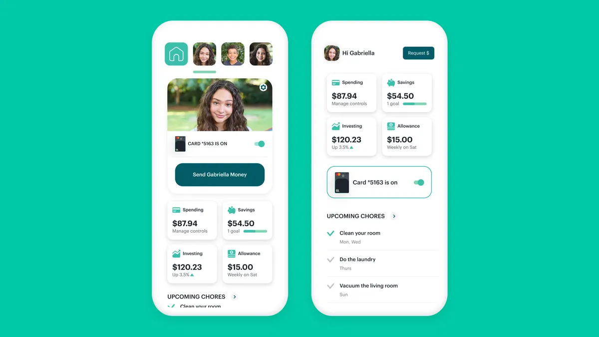 An example of a parent's and child's dashboard in the Greenlight app is shown, depicting recent spending, savings and investing amounts, and allowance.