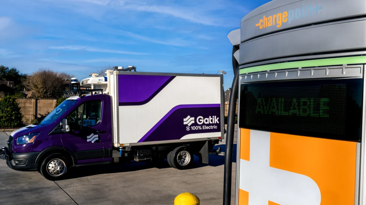 A Gatik truck at one of its charging ports, created in partnership with ChargePoint.