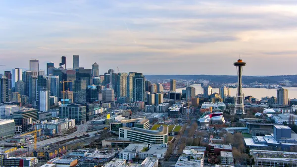 The Seattle skyline, featuring the Space Needle and skyscrapers.