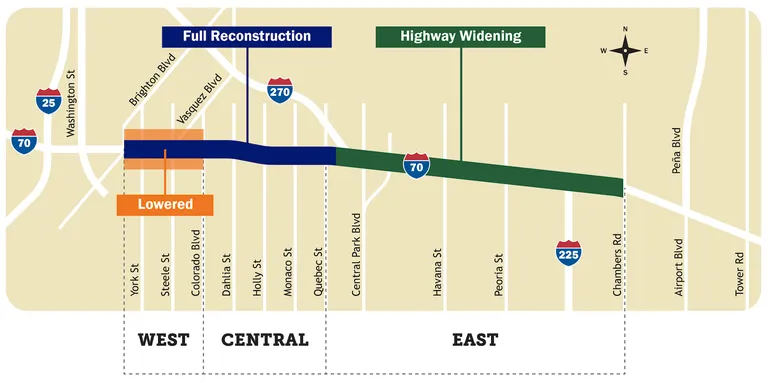 Graphic shows project extends from York Street to Chambers road, with the highway lowered and fully reconstructed in the west portio, fully reconstructed in the centeral area, and widened in the east.