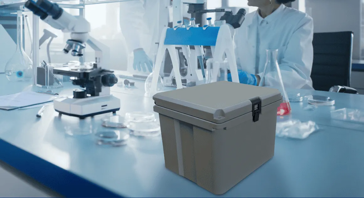 A durable cooler sits on a laboratory table next to a microscope while a person works with test tubes nearby.