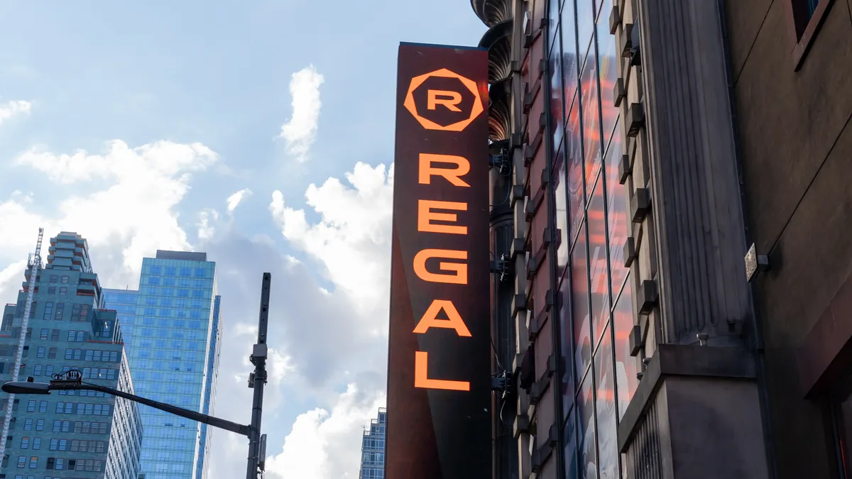 The Regal logo sign on the building at Times Square in New York City.