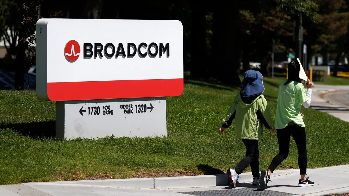 A sign is posted in front of a Broadcom office on June 03, 2021 in San Jose, California.