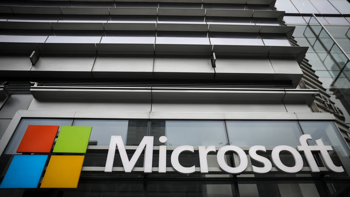 The Microsoft logo is displayed outside the Microsoft Technology Center near Times Square, June 4, 2018 in New York City.