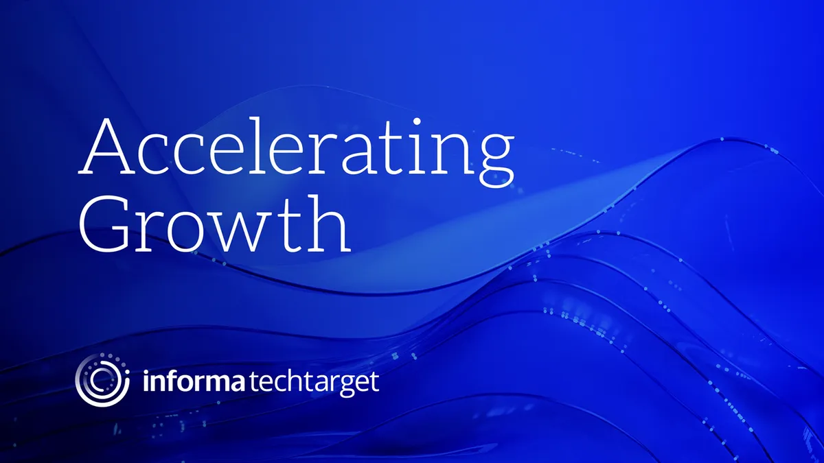 The words "accelerating growth" appear in white text on a blue background of flowing, wave-like designs, accompanied by the Informa TechTarget logo and company name.