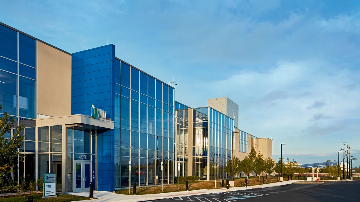 An exterior view of Vantage's data center on their Ashburn, VA campus