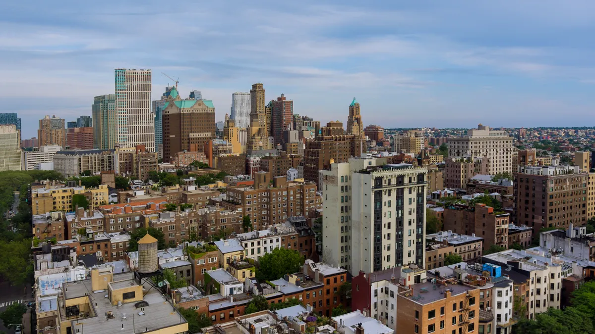 Aerial view from skyline with skyscrapers in Brooklyn downtown New York on the Hudson river