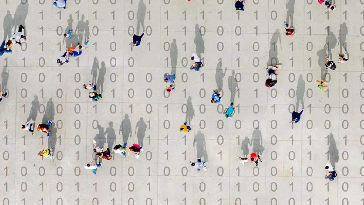 Crowd walking over binary code